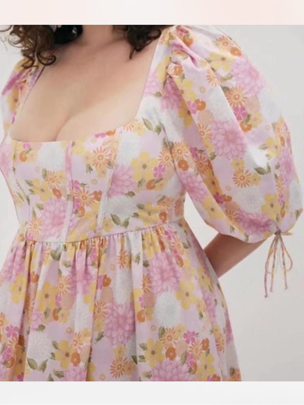 NWT For Love & Lemons Pastel Pink Floral Puff-Sleeve Midi Dress